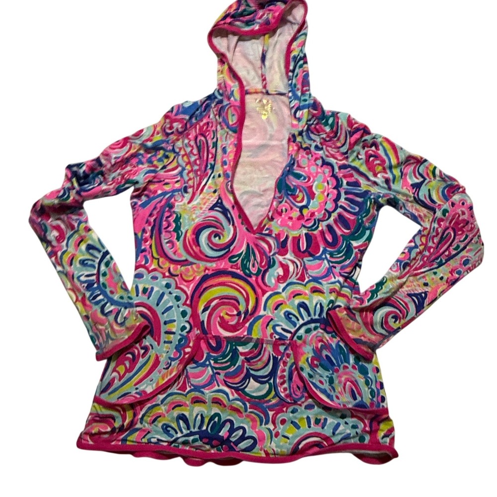 Lilly Pulitzer Luxletic Pink‎ Paisley V-Neck Hoodie Pullover Thumbholes XXS